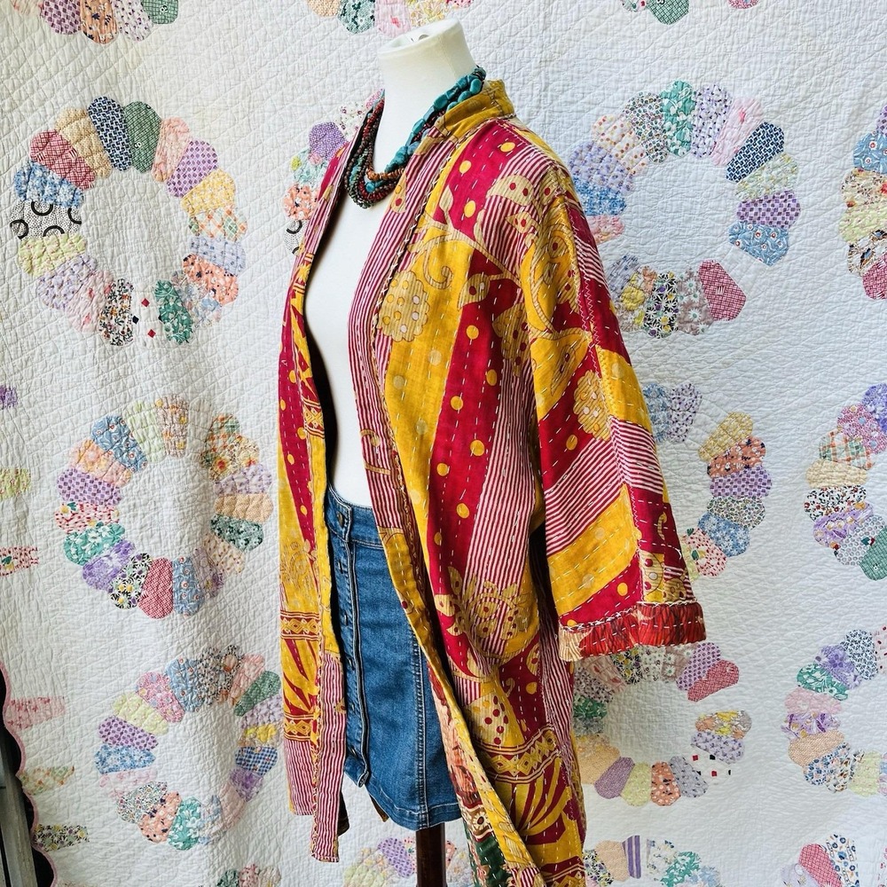 Upcycled Vintage Boho Handmade Gold Kantha Quilt Kimono Duster Jacket One Size